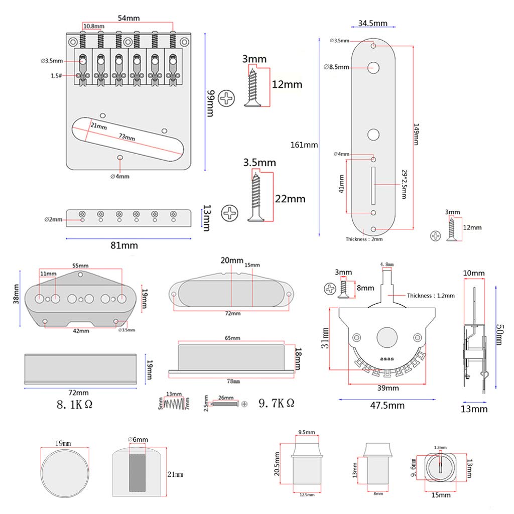 Swhmc Retro Tele Pickup Set 6 Strings Saddle Bridge Plate 3 Way Switch Control Plate Volume Control Plate Electric Guitars Repla